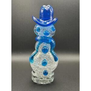 Vintage Art Glass Snowman Figurine / Paperweight 8.5 inch Clear Blue